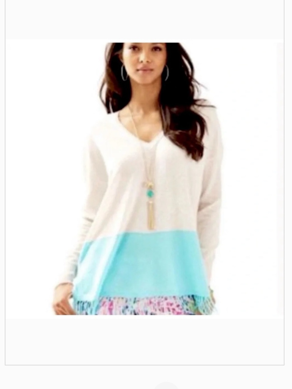 Lilly Pulitzer Alessandra Cashmere  Sweater Serene Blue Oatmeal Luxe S/M fringe